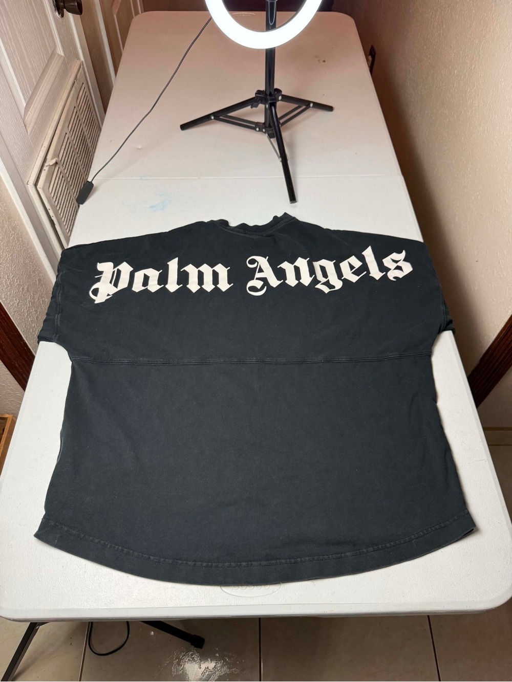 Size L - Palm Angels Logo Long Sleeve Tee Black Shoulder Print 100% Authentic
